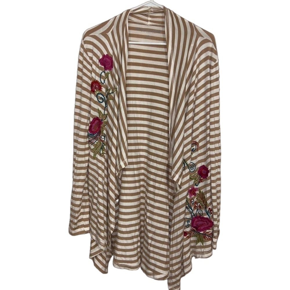 Soft Surroundings Waterfall Front Stripe Floral Embroidered Open Cardigan PSmall